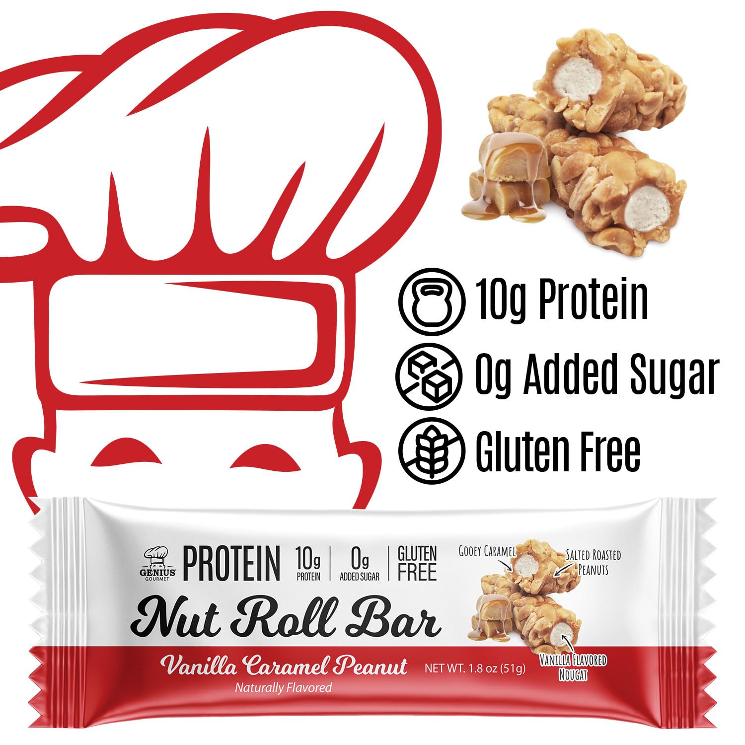 Cross-section view of vanilla nougat, caramel, and peanuts in a bar