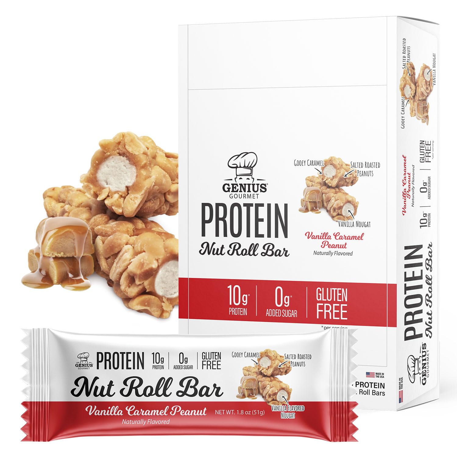 Genius Gourmet Nut Roll Bar pack with vanilla caramel peanut for high protein snacking