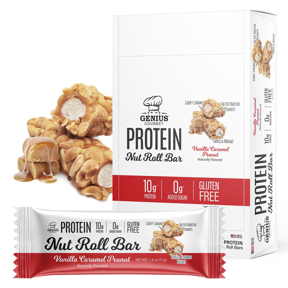 Genius Gourmet Nut Roll Bar pack with vanilla caramel peanut for high protein snacking