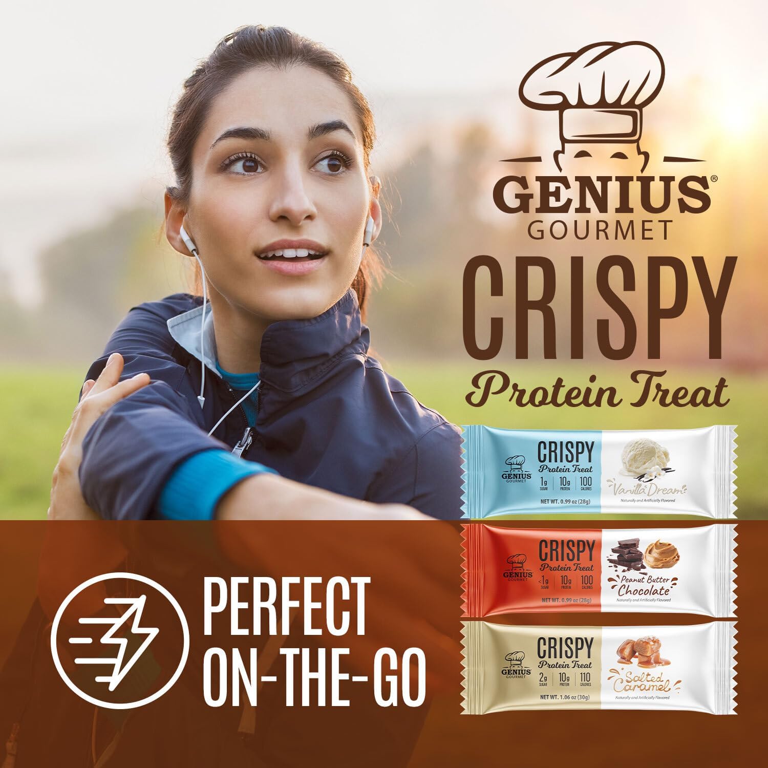 Genius Gourmet nutrition facts panel featuring protein and carb details for planning