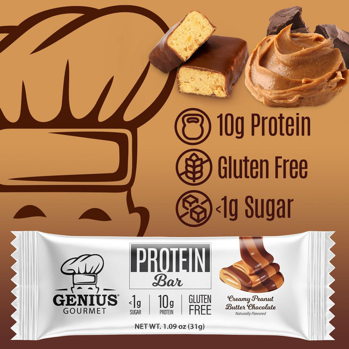 Genius Gourmet Protein Bar Chocolate Peanut Butter close-up shows 10g whey per bar.