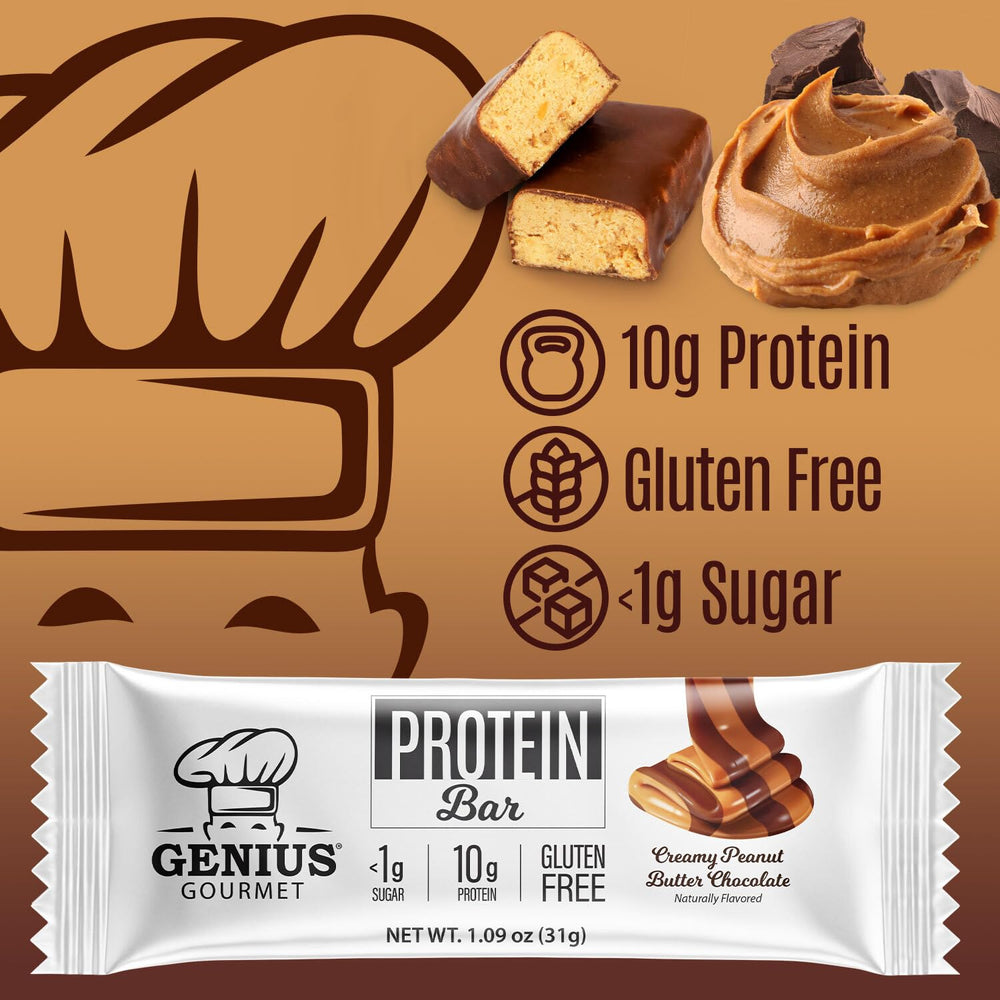 Genius Gourmet Protein Bar Chocolate Peanut Butter close-up shows 10g whey per bar.
