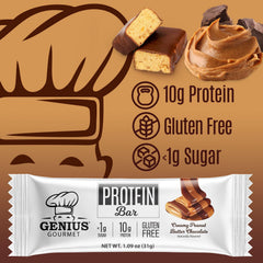 Genius Gourmet Protein Bar Chocolate Peanut Butter close-up shows 10g whey per bar.