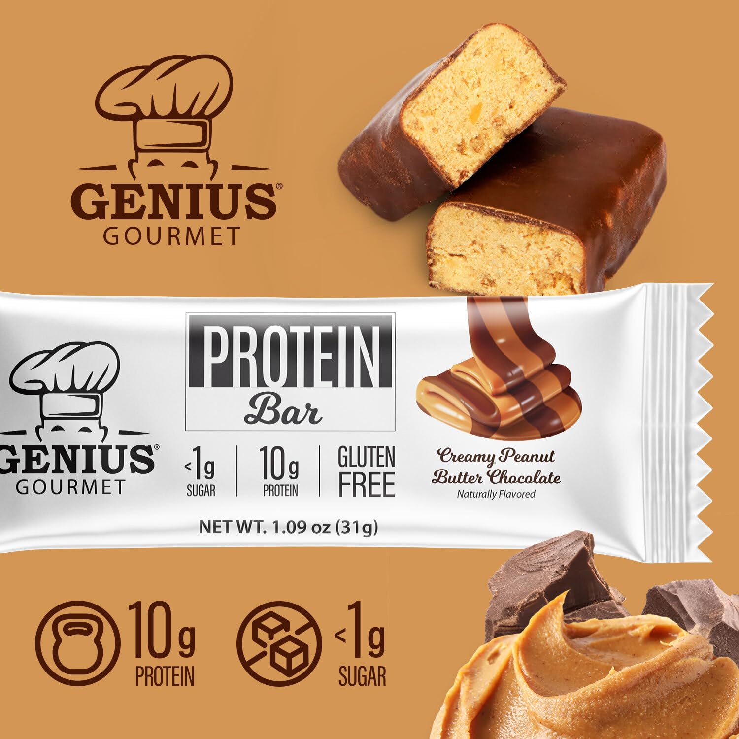 Genius Gourmet Protein Bar Chocolate Peanut Butter keto-friendly snack option.
