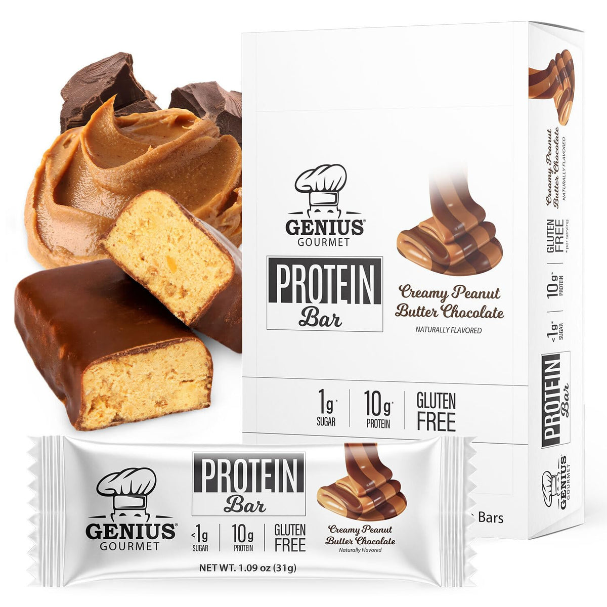 Genius Gourmet Protein Bar Chocolate Peanut Butter packaging close-up highlighting low sugar.