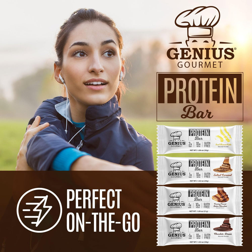 Genius Gourmet Protein Bar Chocolate Peanut Butter ready-for-sports-bag snack.