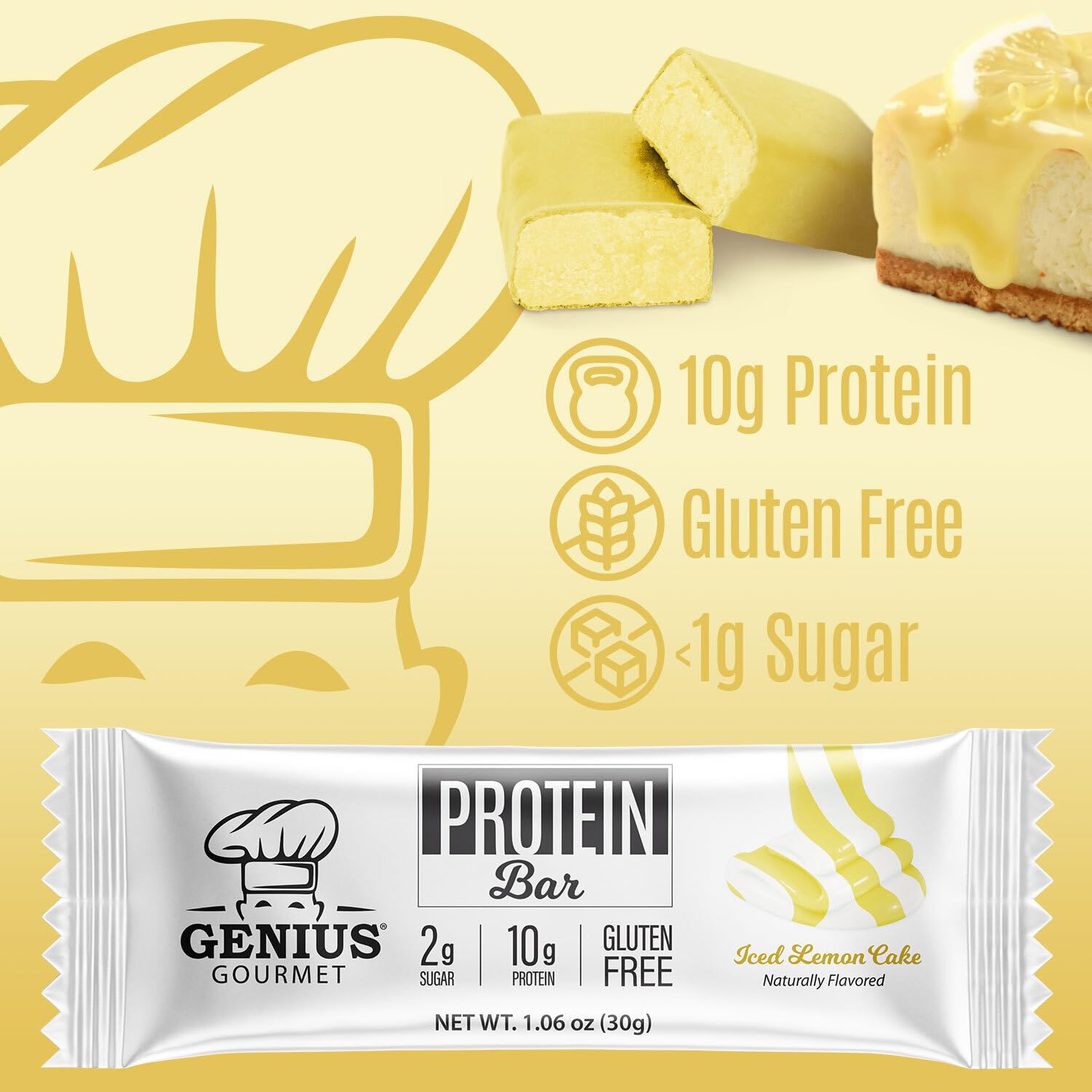 Genius Gourmet Protein Bar Iced Lemon Cake bar close-up, high-protein snack for adults.