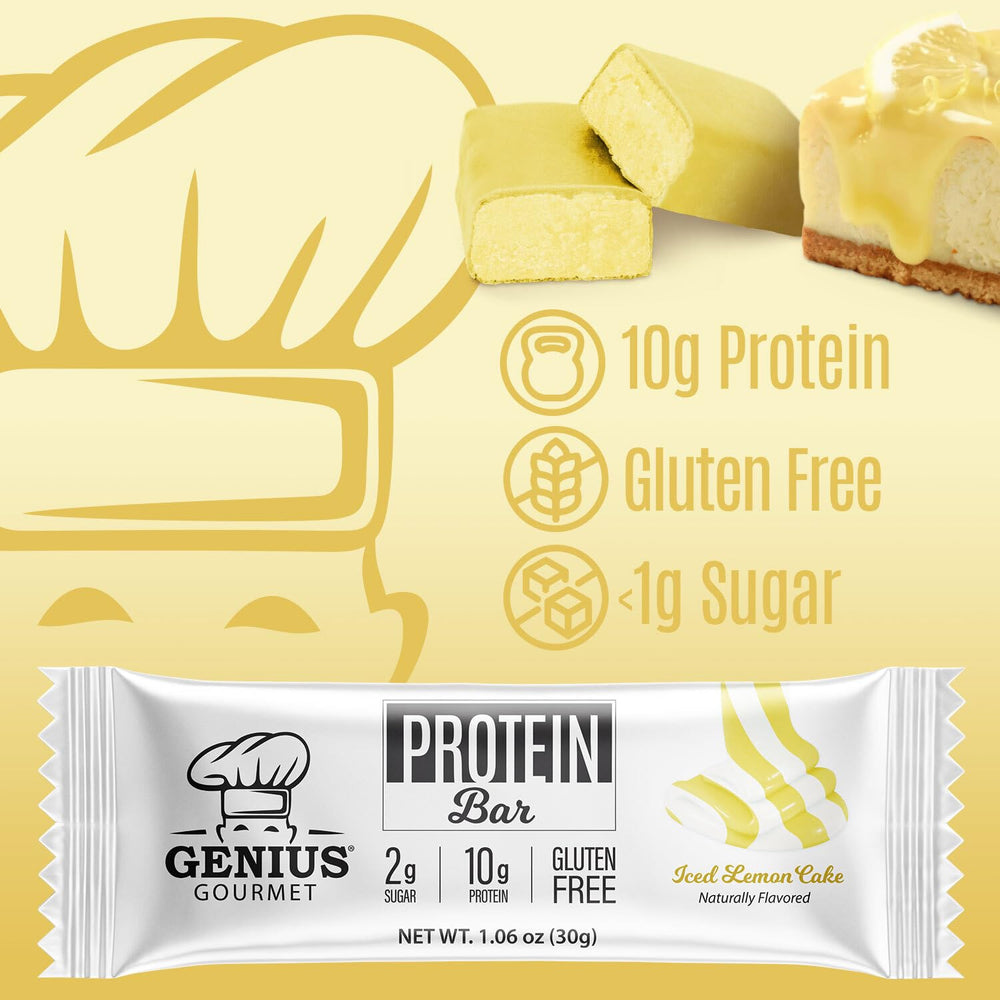 Genius Gourmet Protein Bar Iced Lemon Cake bar close-up, high-protein snack for adults.