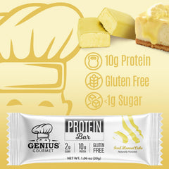 Genius Gourmet Protein Bar Iced Lemon Cake bar close-up, high-protein snack for adults.