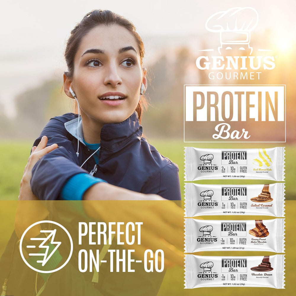 Genius Gourmet Protein Bar Iced Lemon Cake box display, easy stocking for pantry.