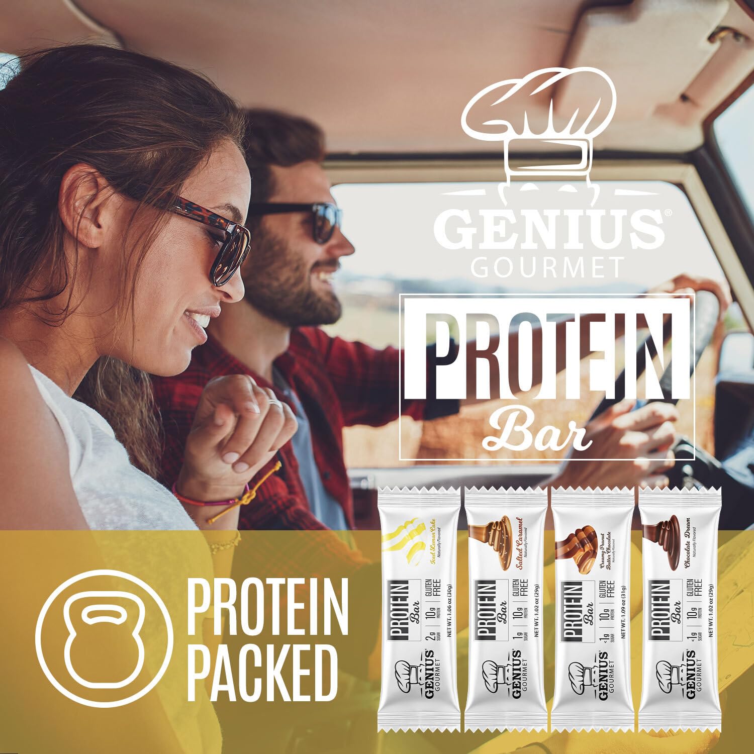 Genius Gourmet Protein Bar Iced Lemon Cake ingredients list, gluten-free and low carb.