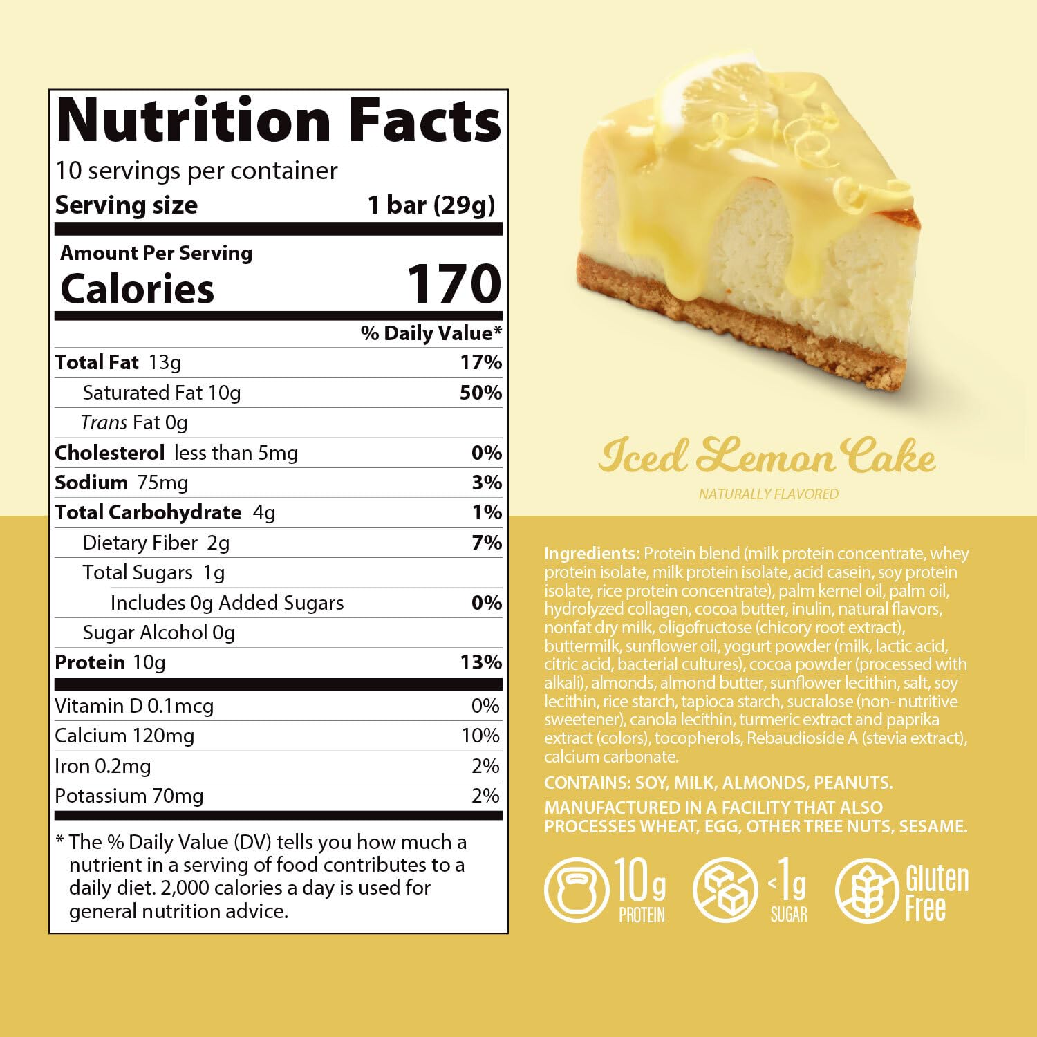 Genius Gourmet Protein Bar Iced Lemon Cake nutrition panel, 10g whey per bar.