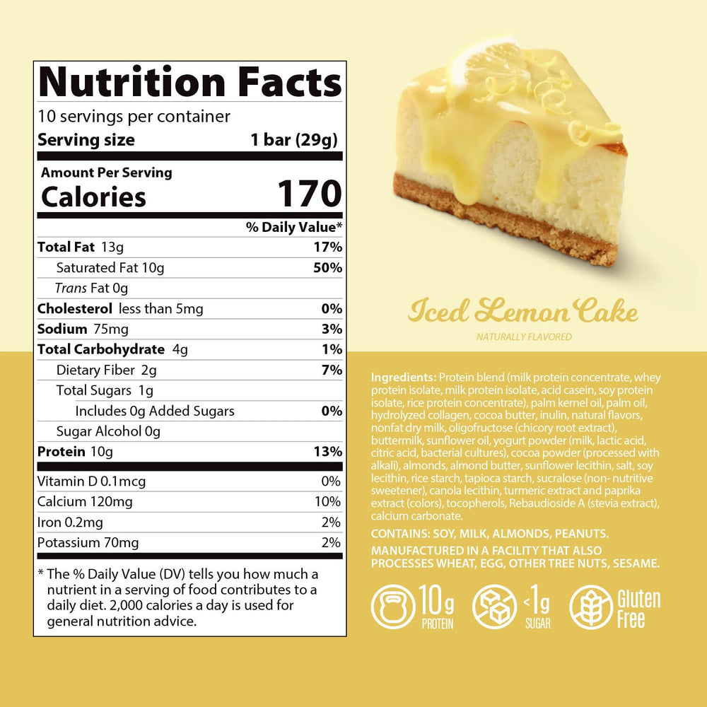 Genius Gourmet Protein Bar Iced Lemon Cake nutrition panel, 10g whey per bar.