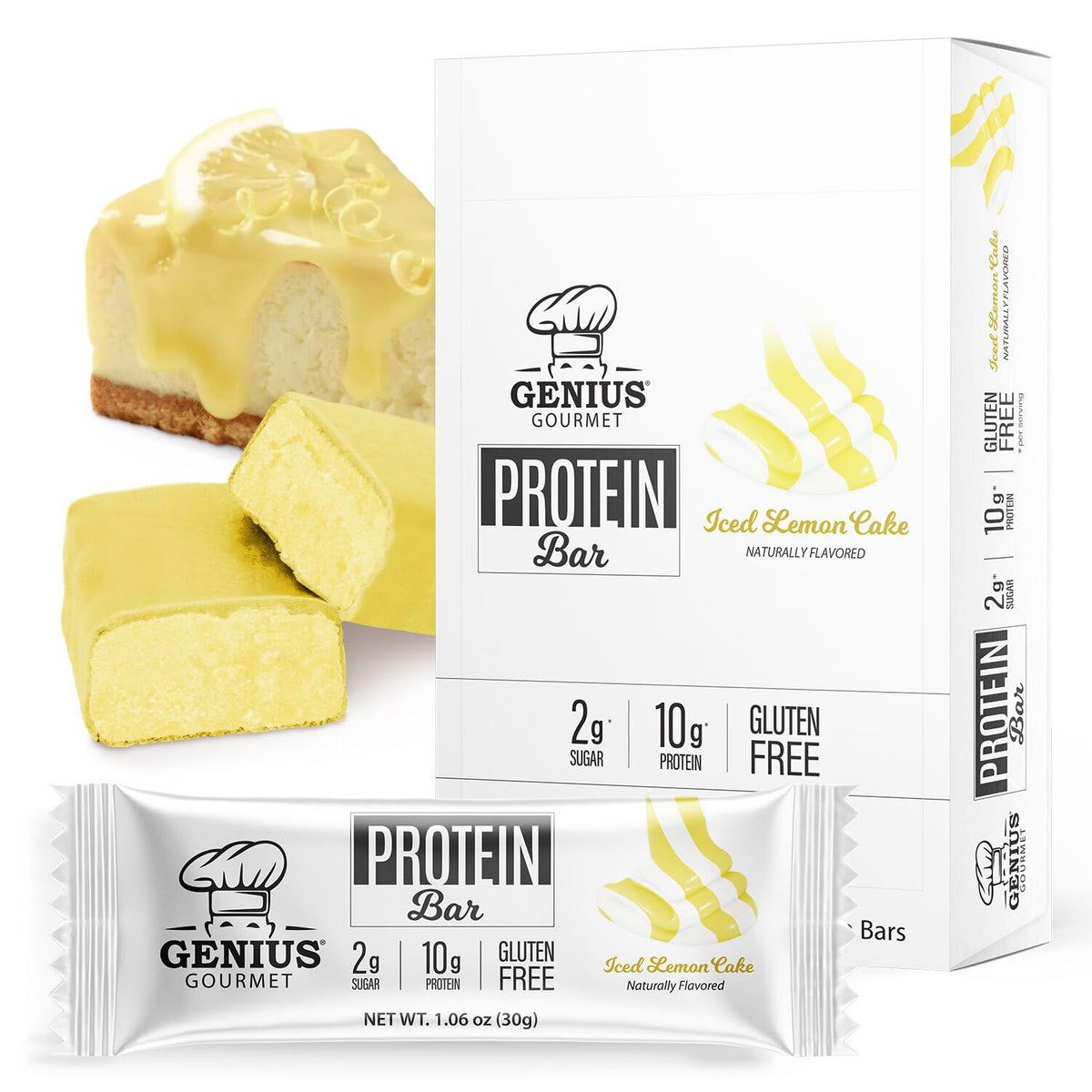 Genius Gourmet Protein Bar Iced Lemon Cake pack, keto-friendly and low sugar.
