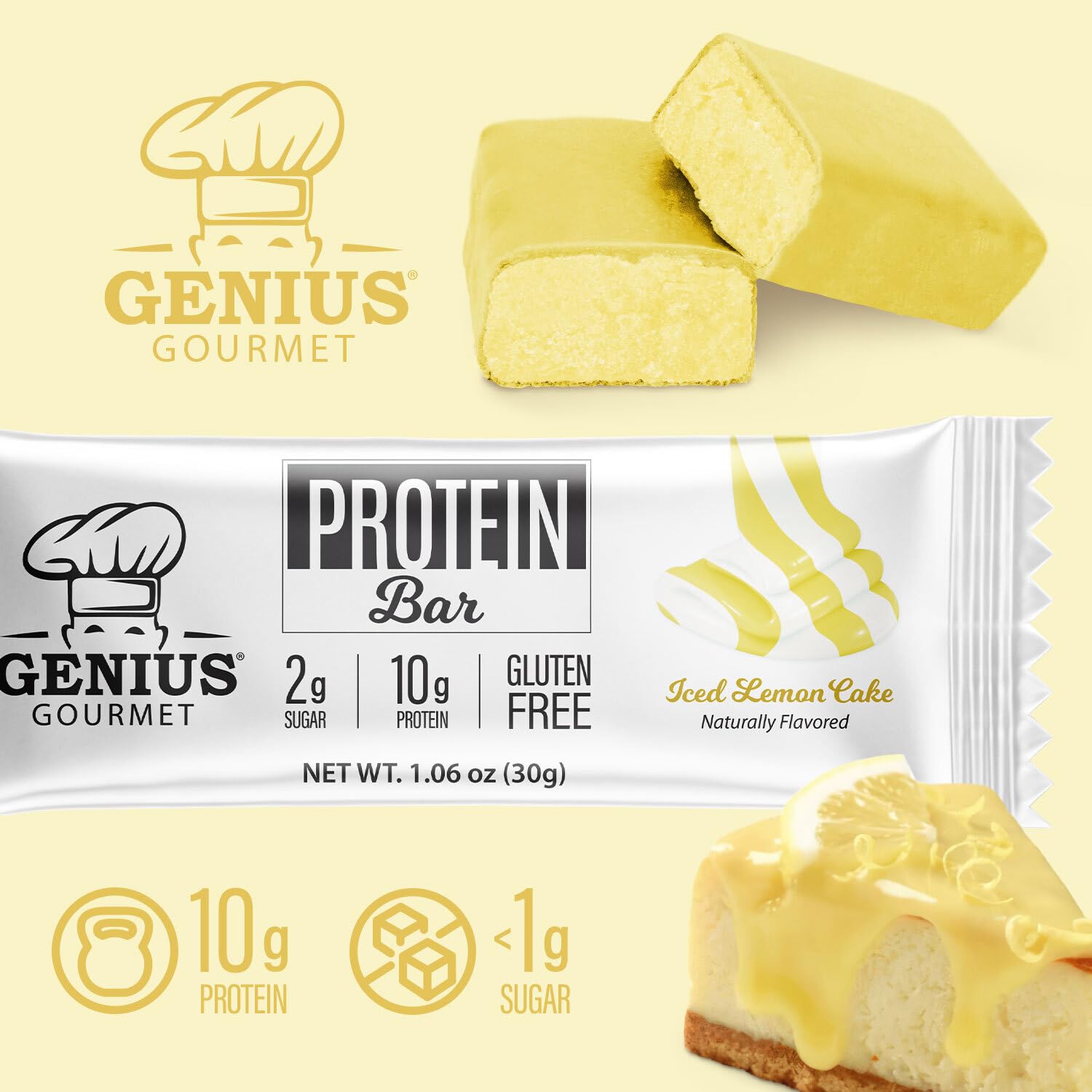 Genius Gourmet Protein Bar Iced Lemon Cake sliced view, portioned for on-the-go.