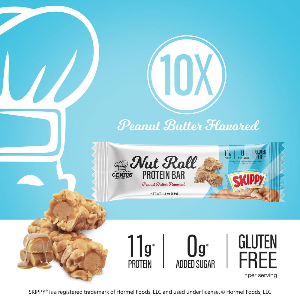 Genius Gourmet SKIPPY-inspired bar with caramel-style coating visible.