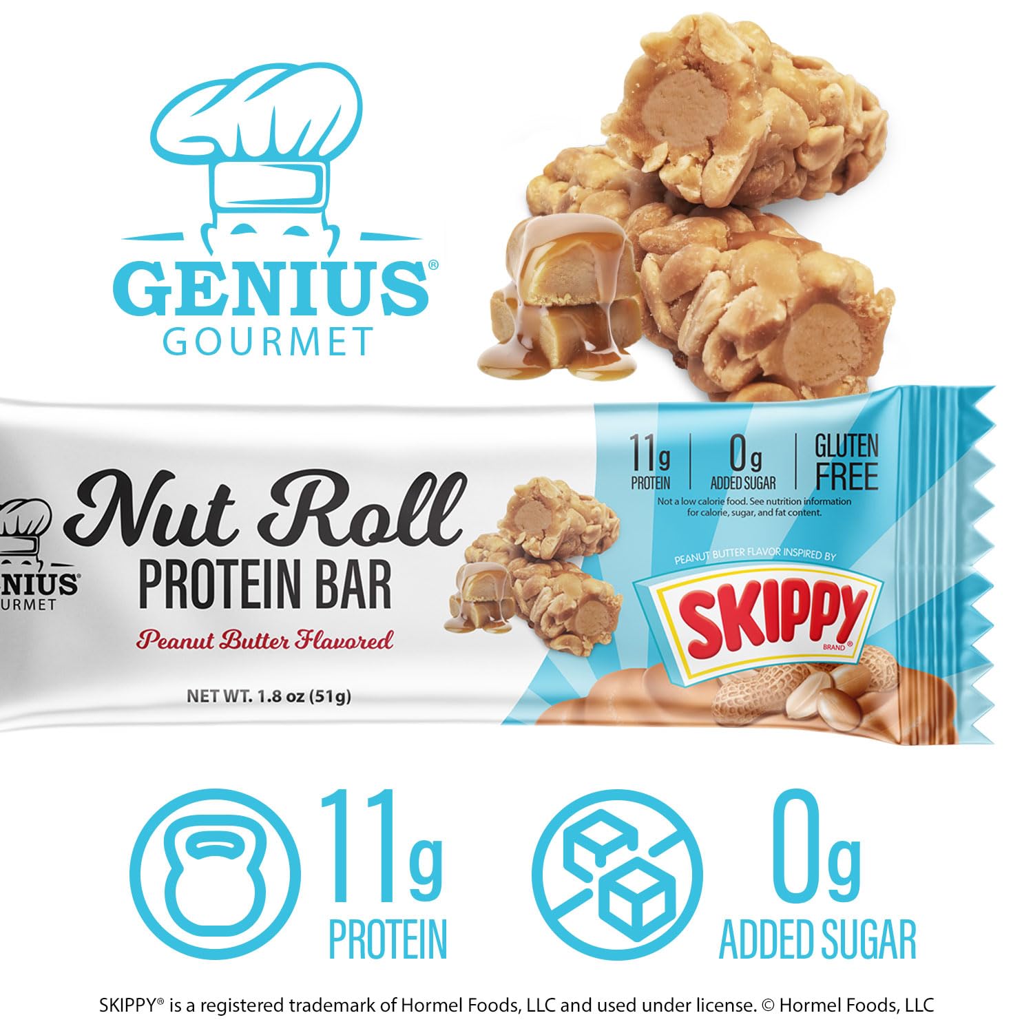 Gluten-free Genius Gourmet SKIPPY-inspired bar packaging on display.