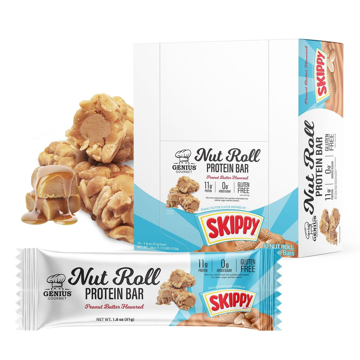 Genius Gourmet SKIPPY-inspired bar packaging shown, ready for grab-and-go snacking.