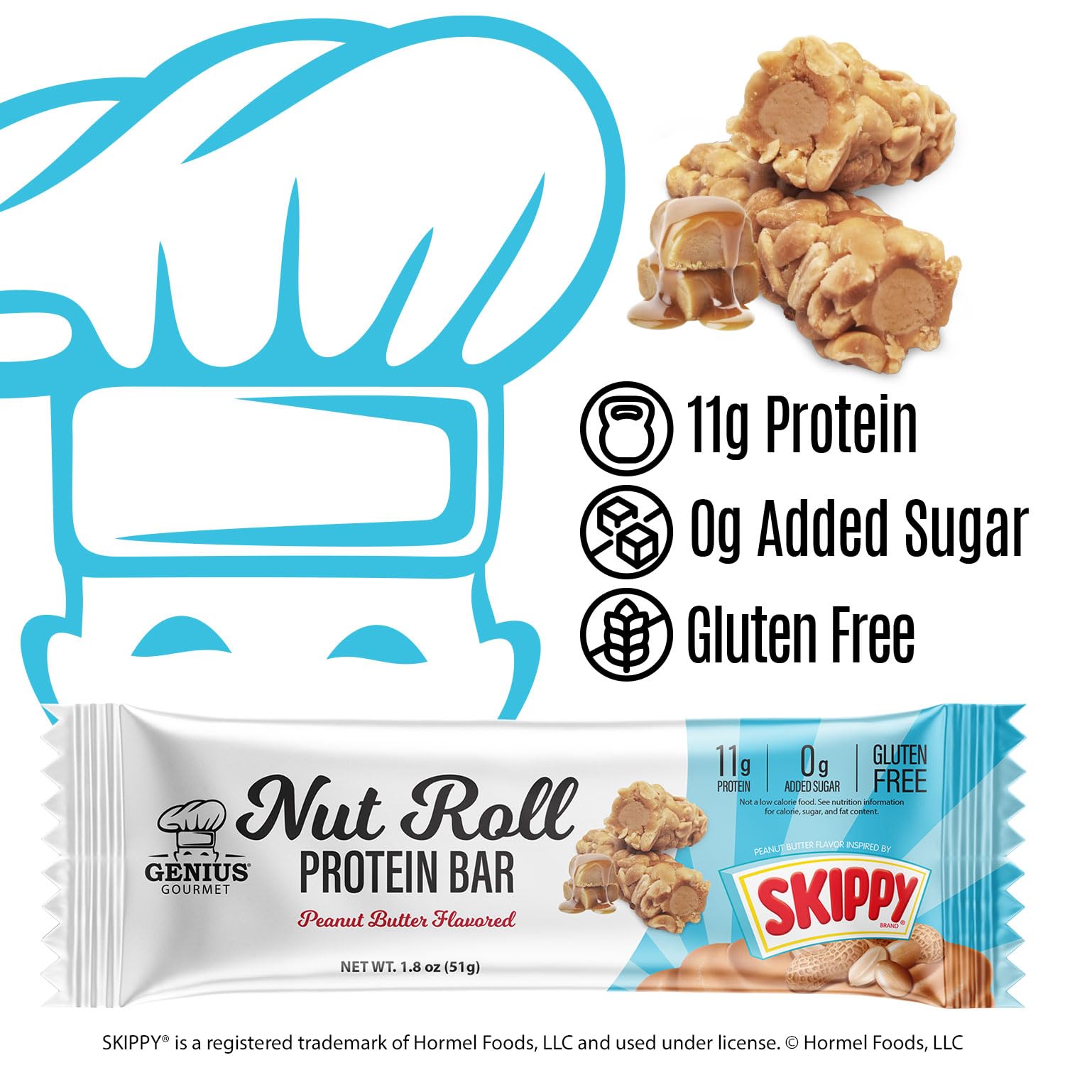 Genius Gourmet SKIPPY-inspired bar, highlighting 11g of protein per serving.