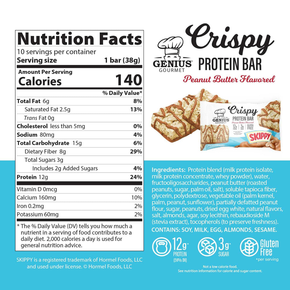 Genius Gourmet SKIPPY crispy bar closeup highlighting texture and savory peanut butter flavor
