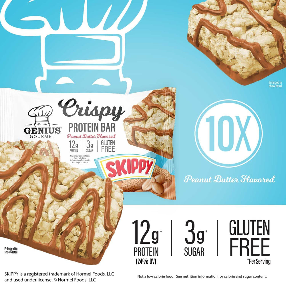 Genius Gourmet SKIPPY crispy bar nutrition facts panel for quick protein awareness