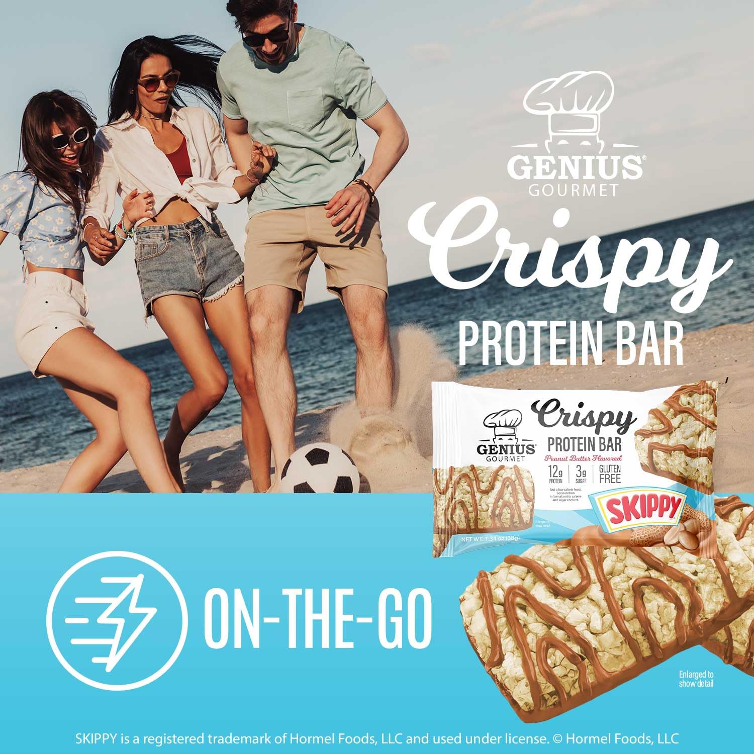 Genius Gourmet SKIPPY bar travel-ready package suggesting convenient grab-and-go