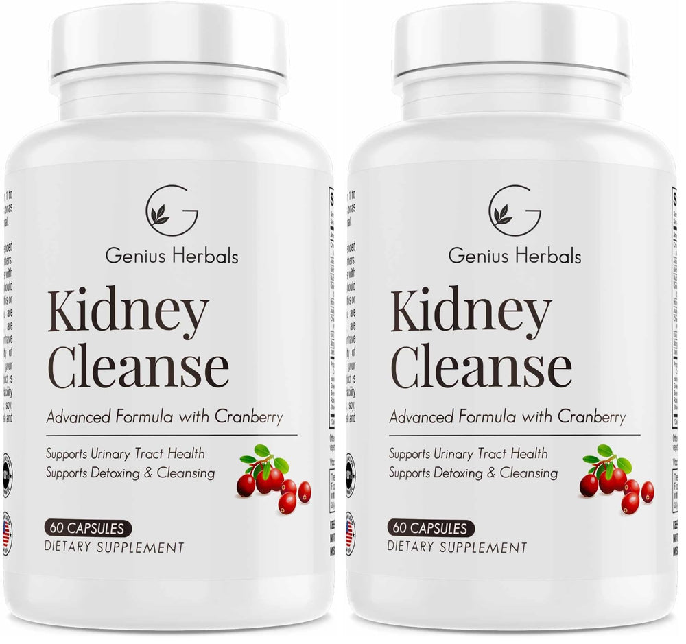 GENIUS HERBALS Kidney Cleanse bottle front view highlighting premium urinary health formula.