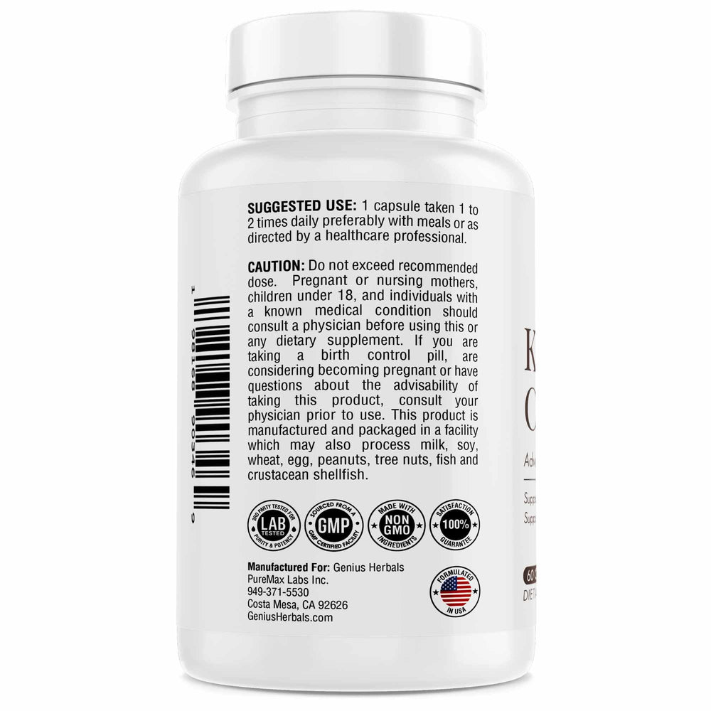 GENIUS HERBALS capsules close-up shows compact daily detox capsules.