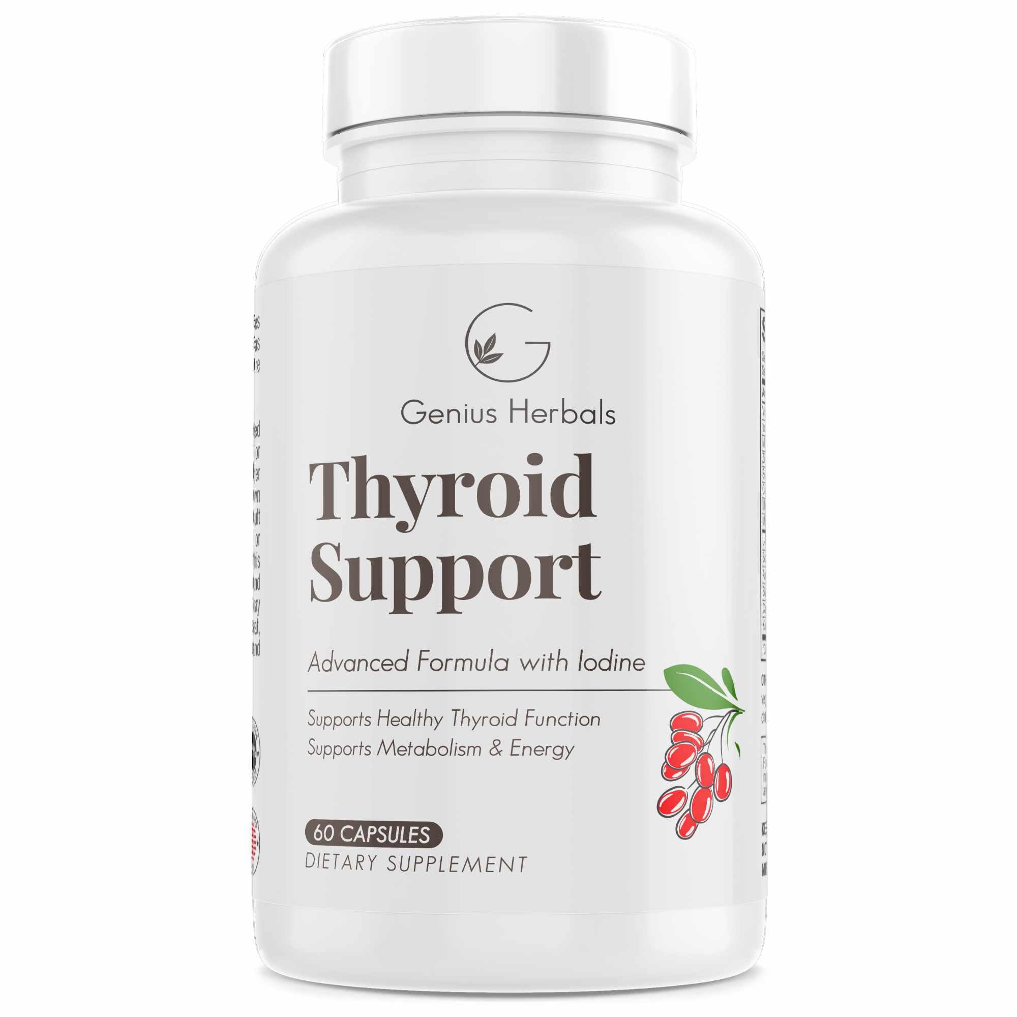 GENIUS HERBALS Thyroid Support bottle with capsules for daily energy support.