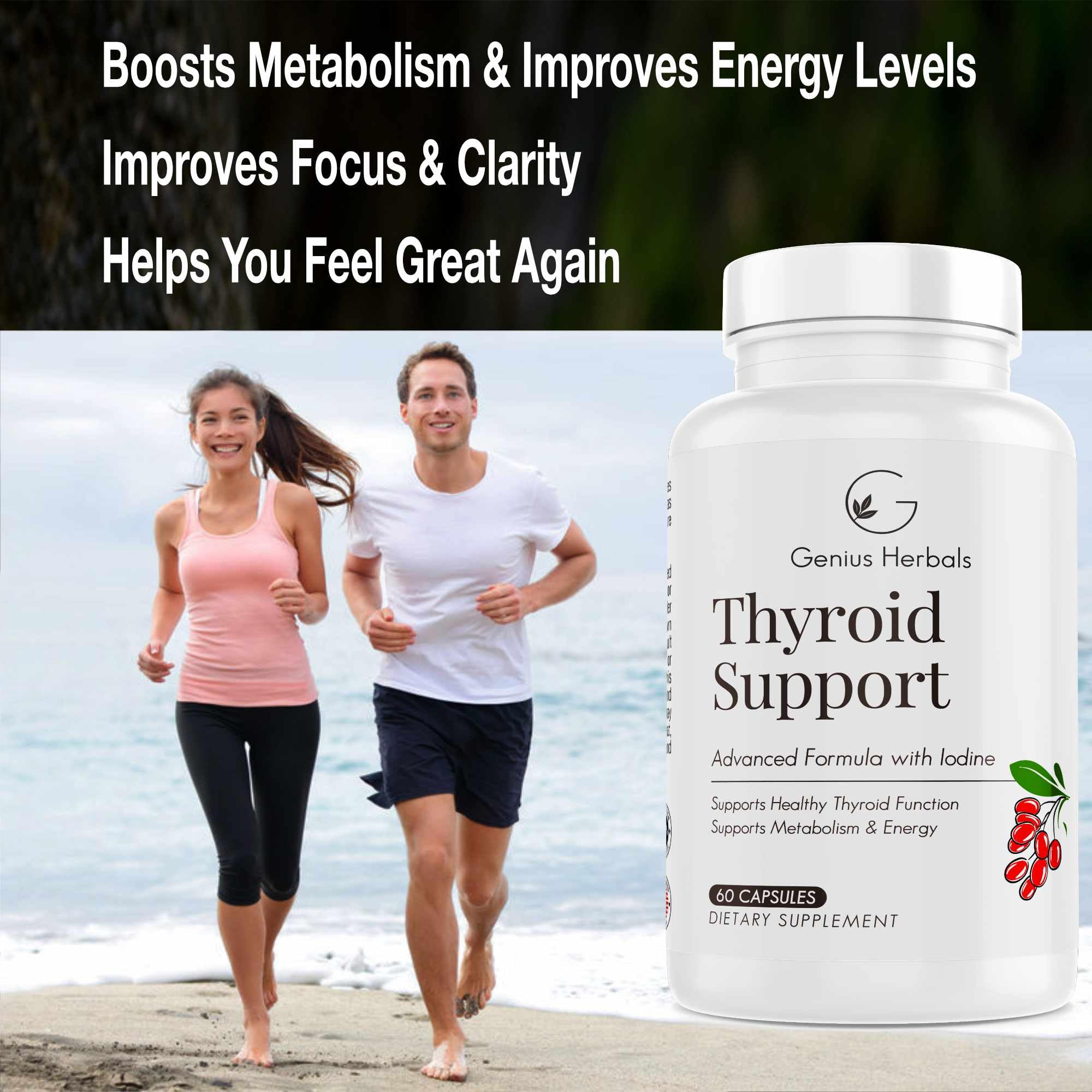 GENIUS HERBALS Thyroid Support label back detailing ingredients and quality