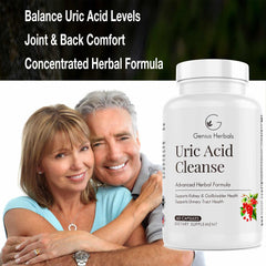 GENIUS HERBALS Uric Acid Cleanse Tart Cherry visual noting potential joint support.
