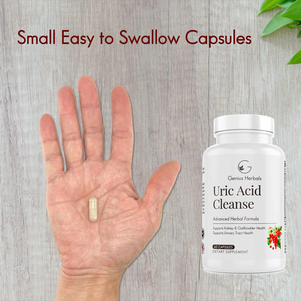 GENIUS HERBALS Uric Acid Cleanse usage scene with capsules in daily routine.