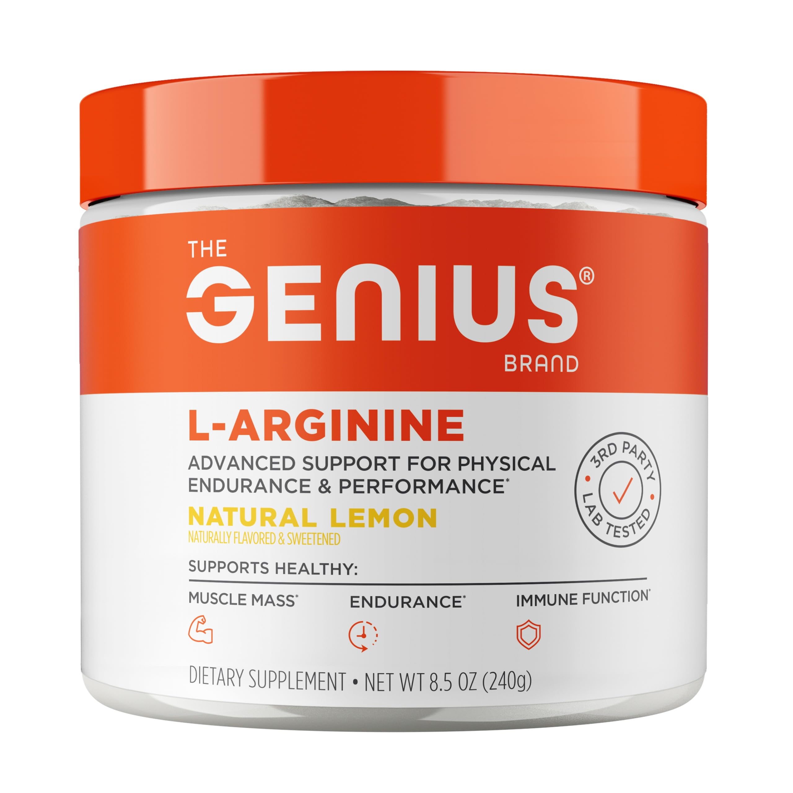 The Genius Brand Genius L-Arginine powder lemon bottle for enhanced workout focus.