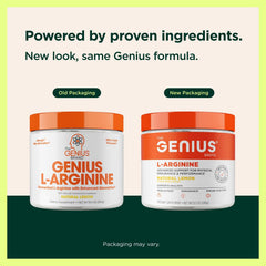 The Genius Brand L-Arginine powder scoop showing precise dosing for pre-workout use.