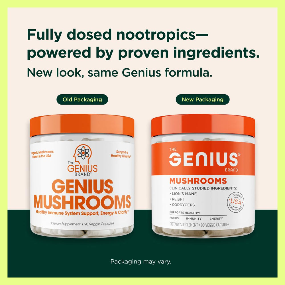 Genius Mushrooms capsules close-up highlighting vegan, non-GMO plant-based capsules for daily vitality.