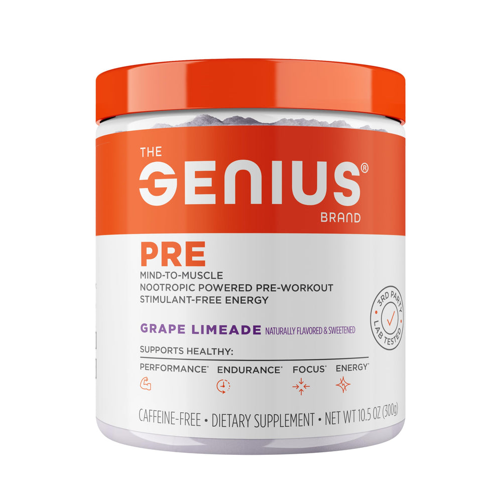 Genius Pre workout bottle closeup highlights premium ingredients and quality packaging