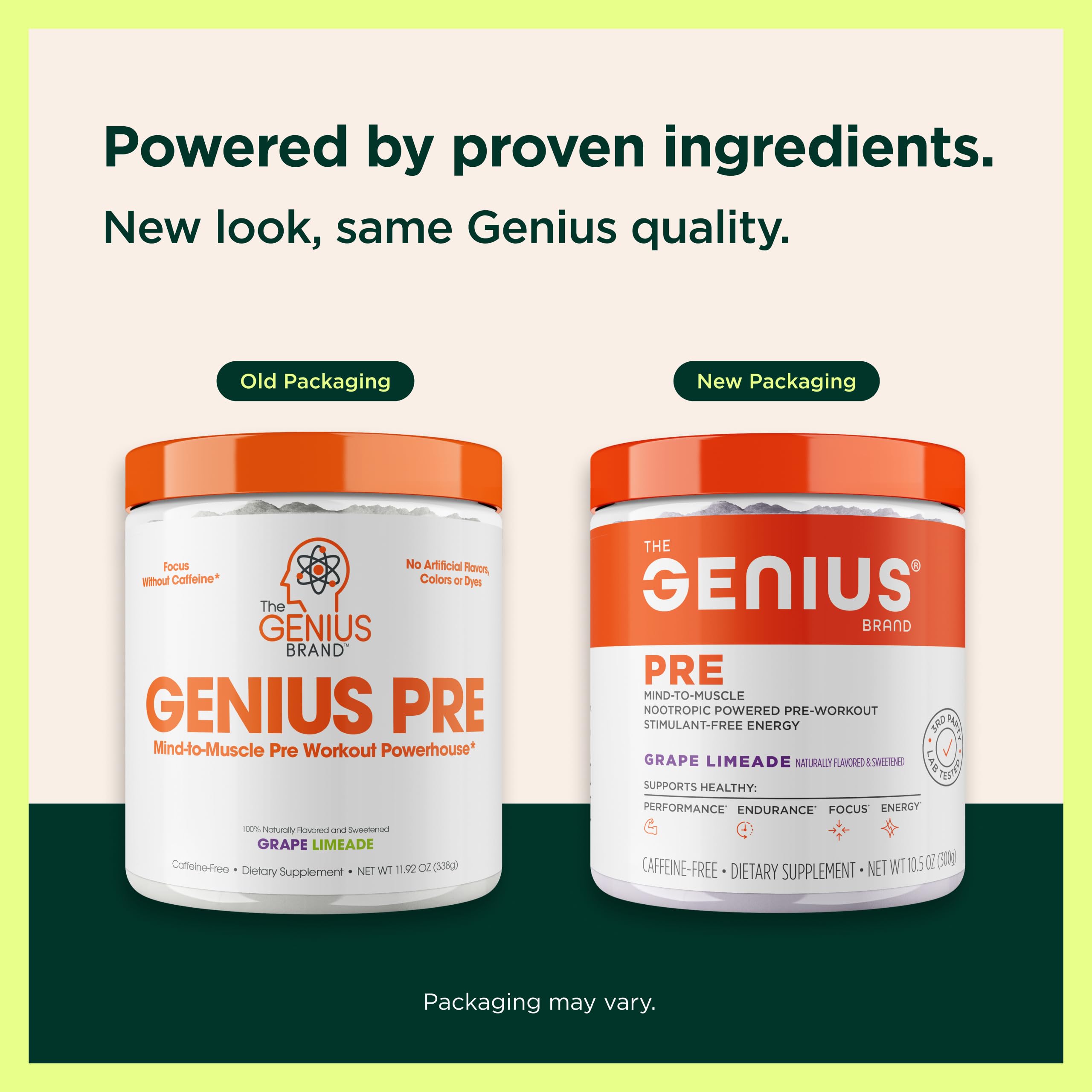 Genius Pre workout no-stimulants image signals all-day usability without jitters