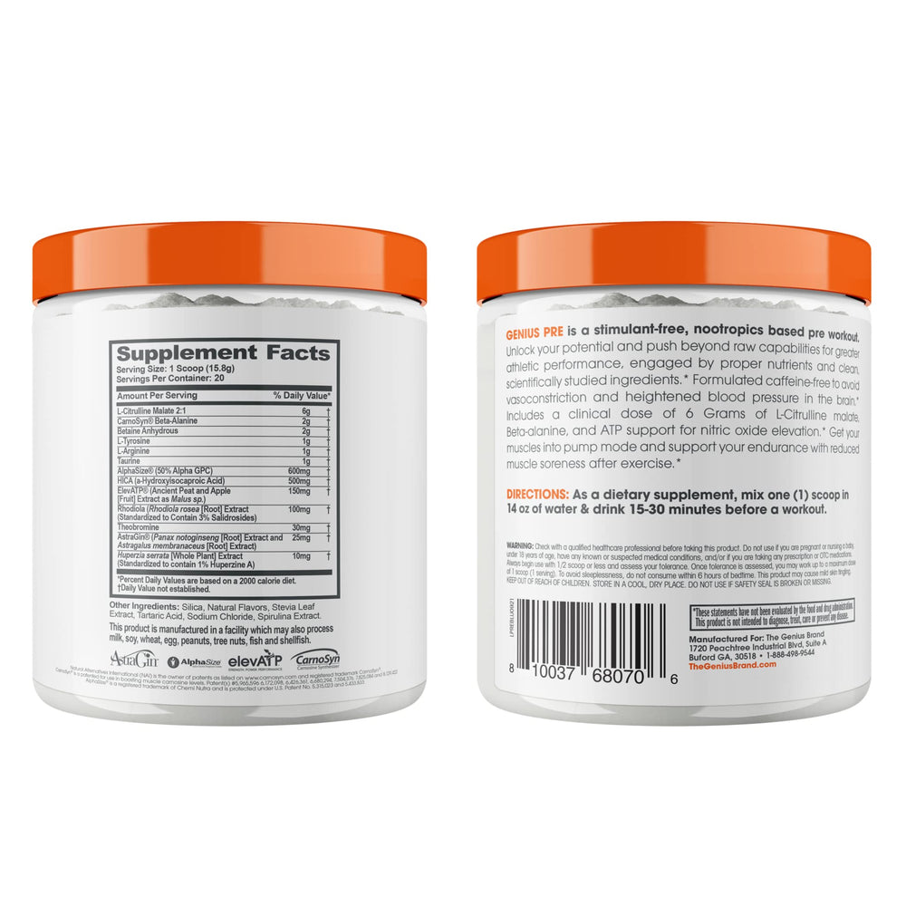 Genius Pre-Workout packaging box communicates USA-made quality and transparency.