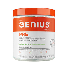 The Genius Brand Genius Pre-Workout Sour Apple bottle highlights stimulant-free nitric oxide support.