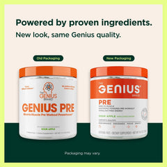 Genius Pre-Workout Sour Apple scoop demonstrates easy dosing for consistent workouts.