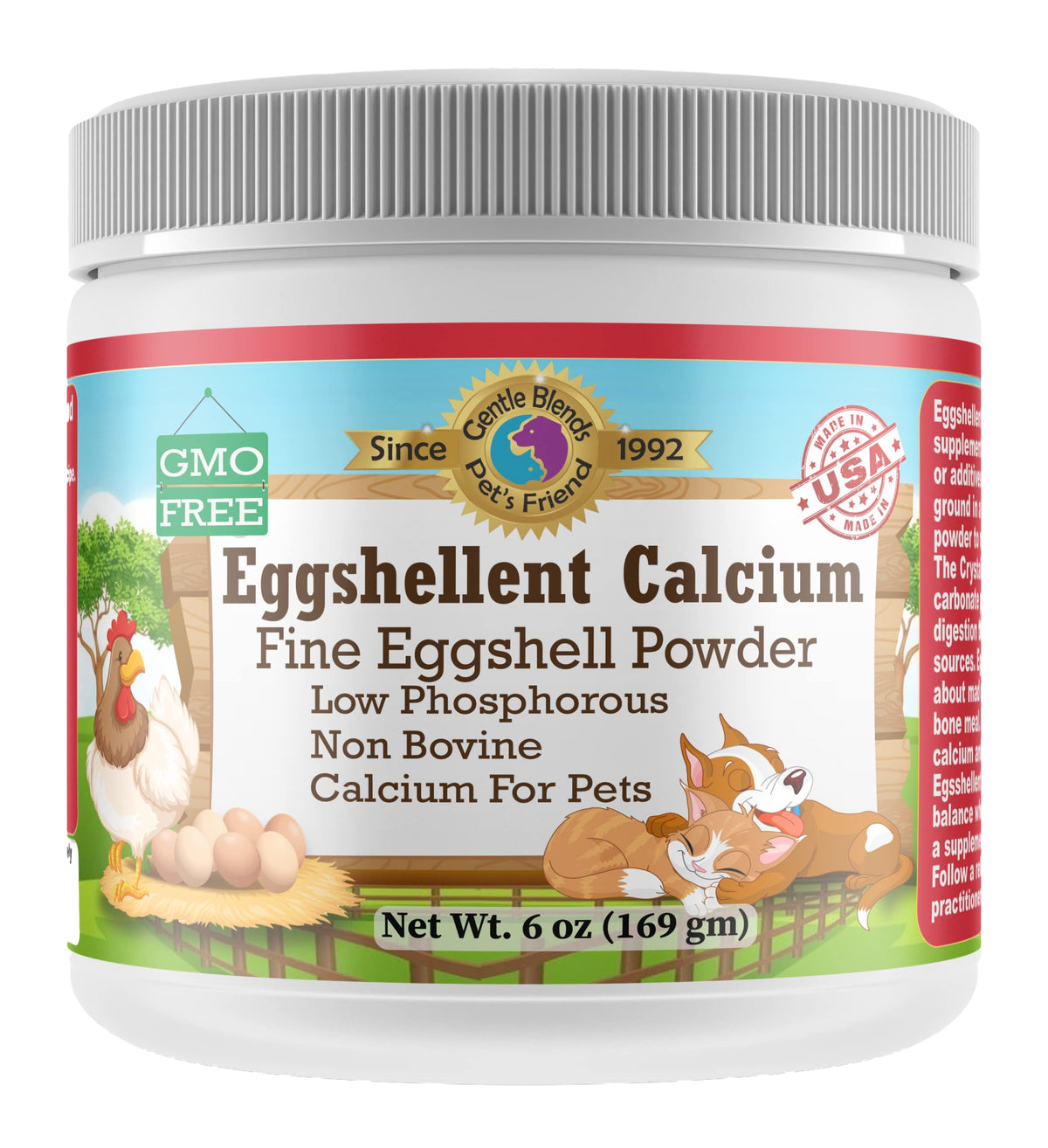 Gentle Blends Pet's Friend eggshellent calcium bottle highlights pure eggshell powder for daily bone support.