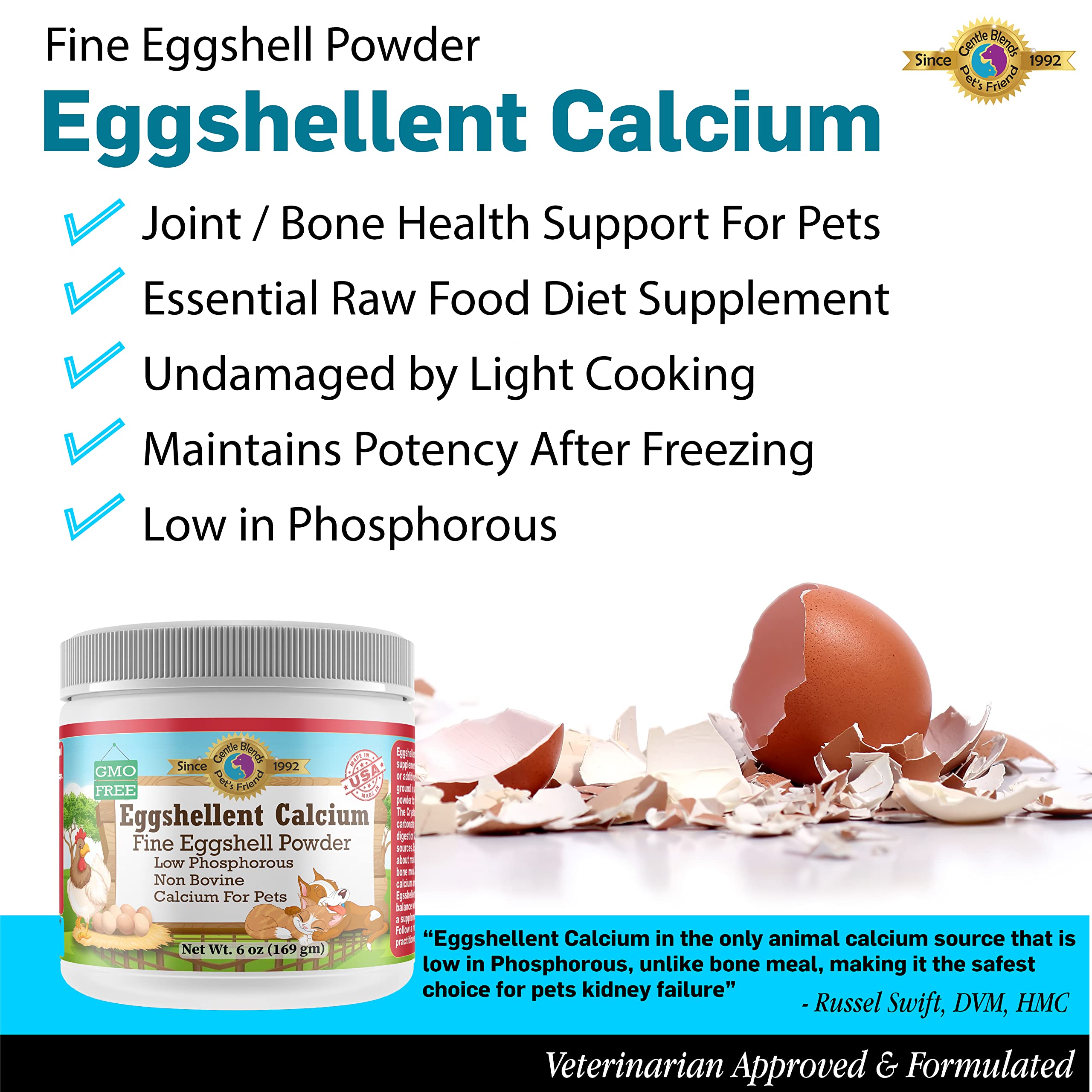 Gentle Blends Pet's Friend eggshellent calcium for dogs added to meals for daily support.
