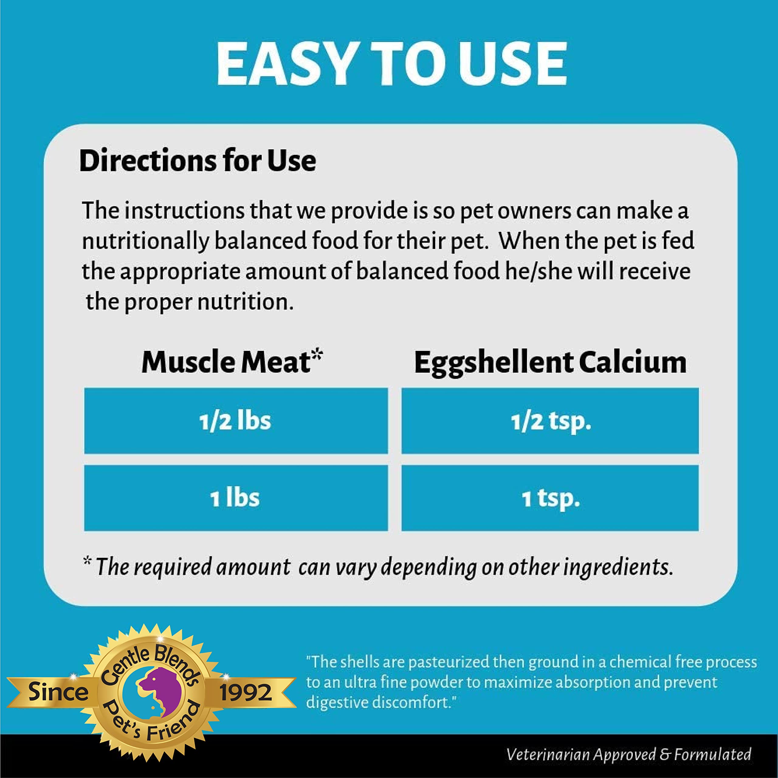 Gentle Blends Pet's Friend eggshellent calcium ultra-fine powder designed for fast absorption.