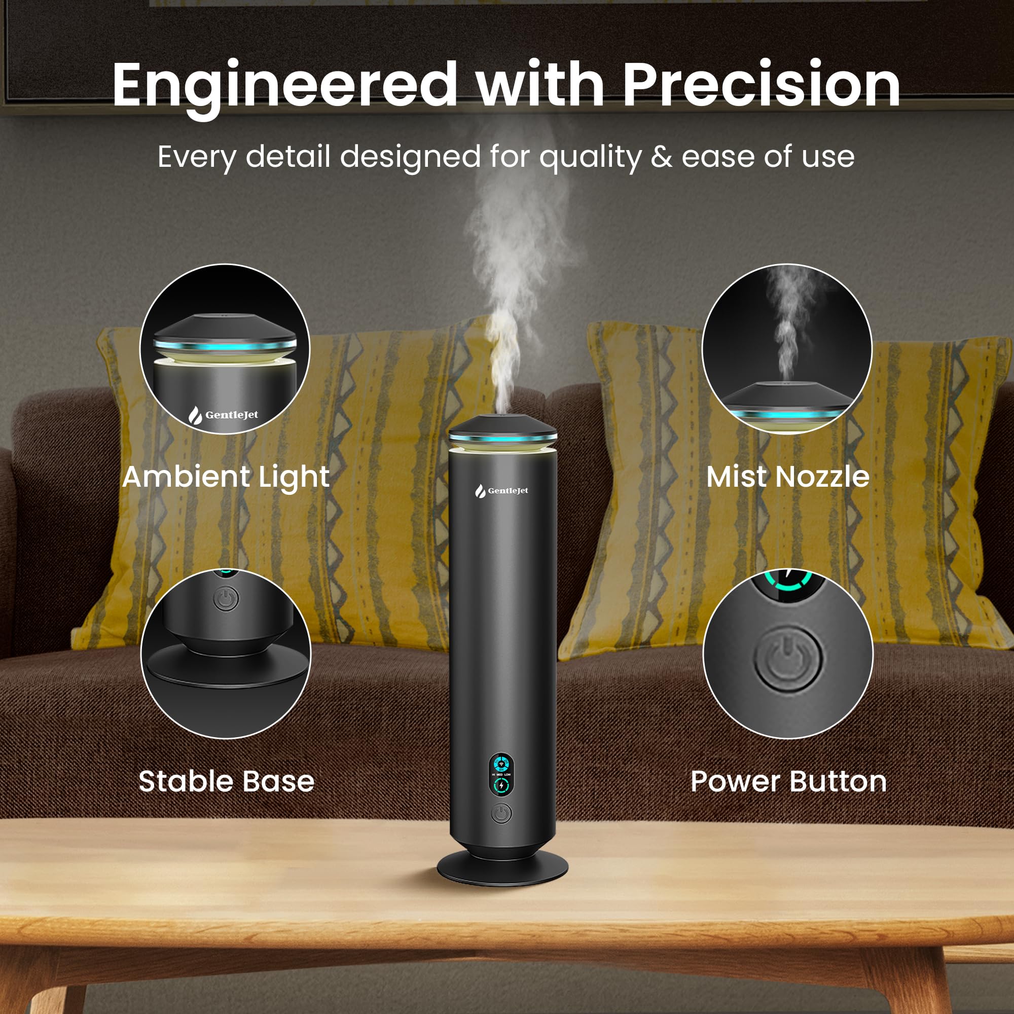 GentleJet MajesticMist app-control dashboard shows remote mist customization for personalized scent schedules.