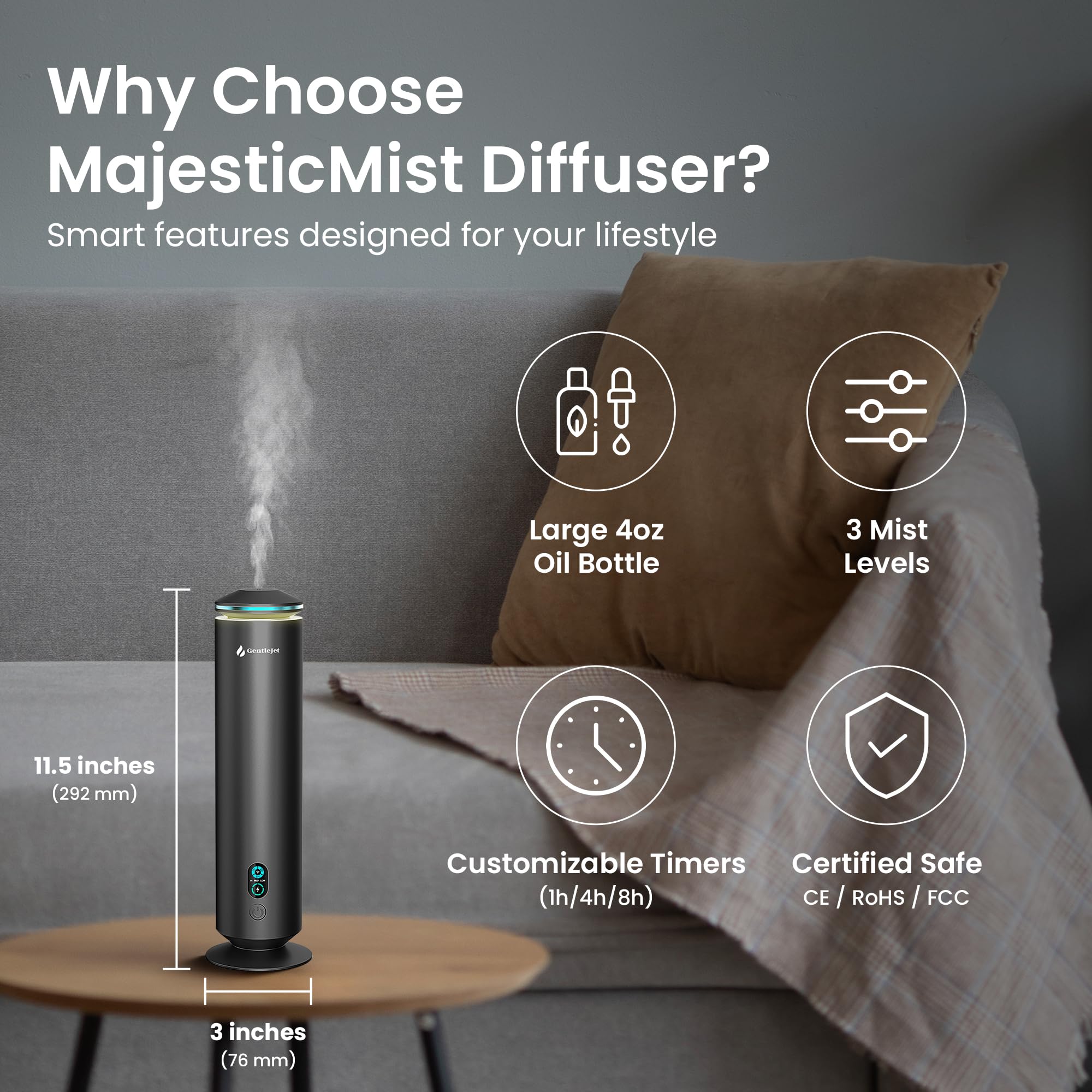 GentleJet MajesticMist remote-control image conveys quick tweaks from seating areas for convenient use.