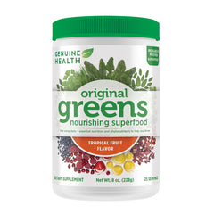 Genuine Health Greens+ Original tropical fruit powder tub for daily energy and antioxidants.