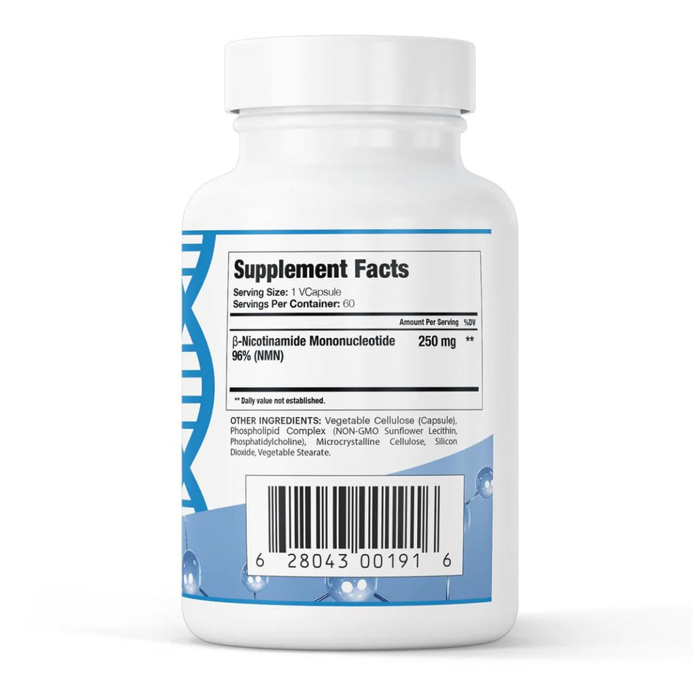 GenuinePurity NMN capsules close-up highlighting vegan, gluten-free formula for clean daily use.