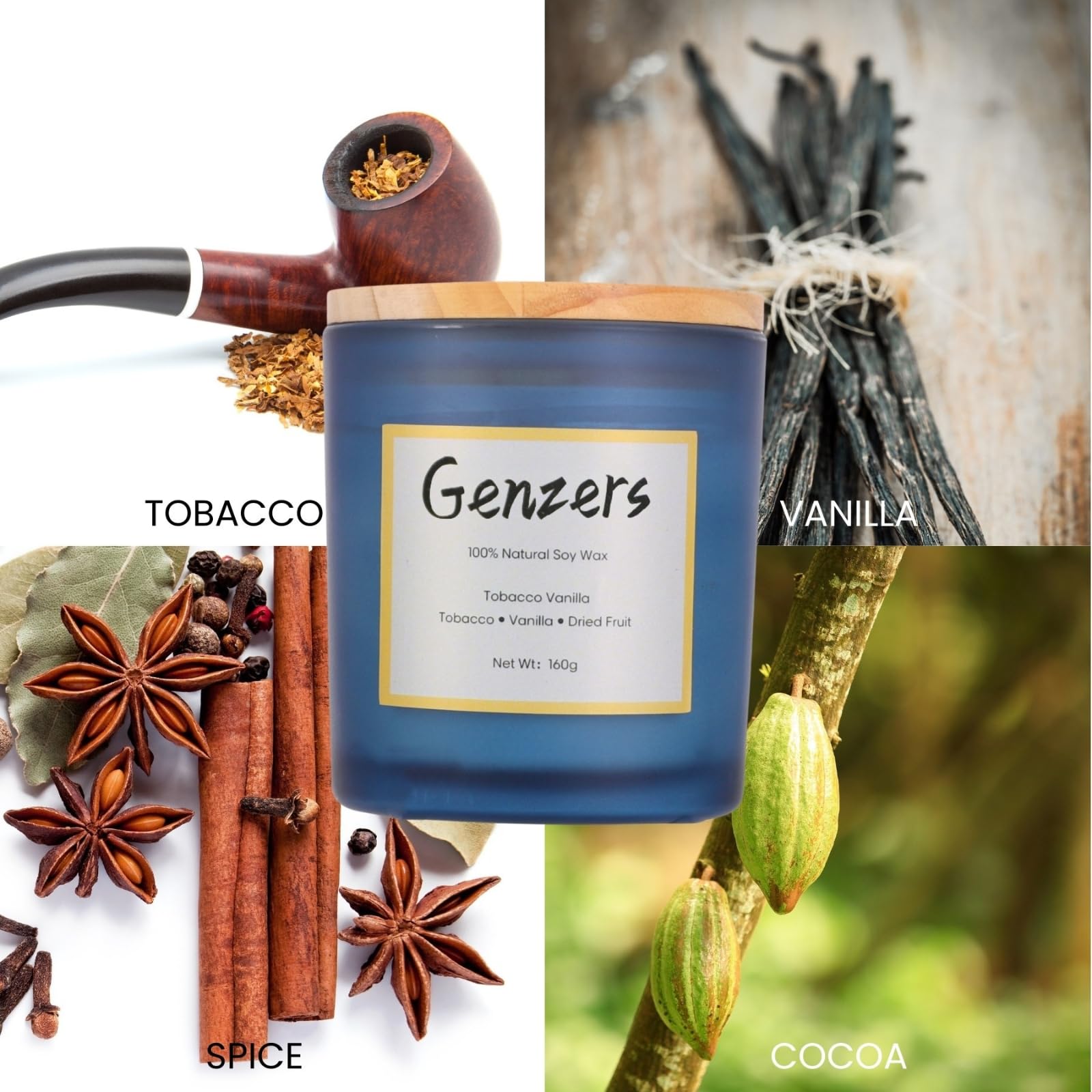 Genzers soy wax candle with tobacco-vanille notes for a balanced room scent