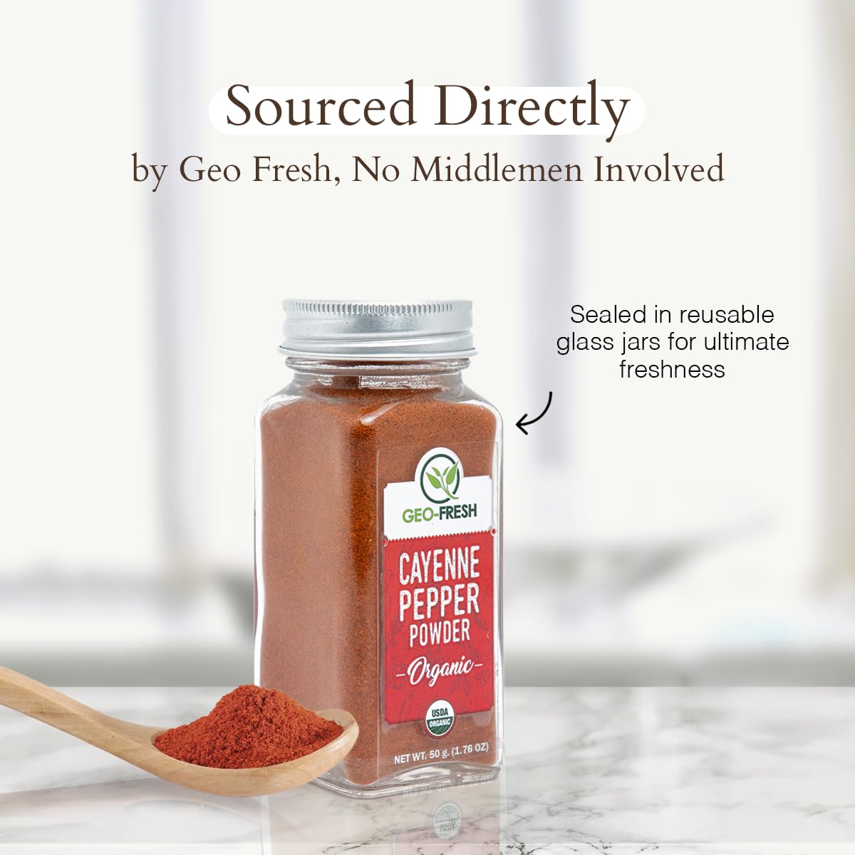 Geo-Fresh Organic Cayenne Pepper Powder ready to spice baked goods and smoothies.