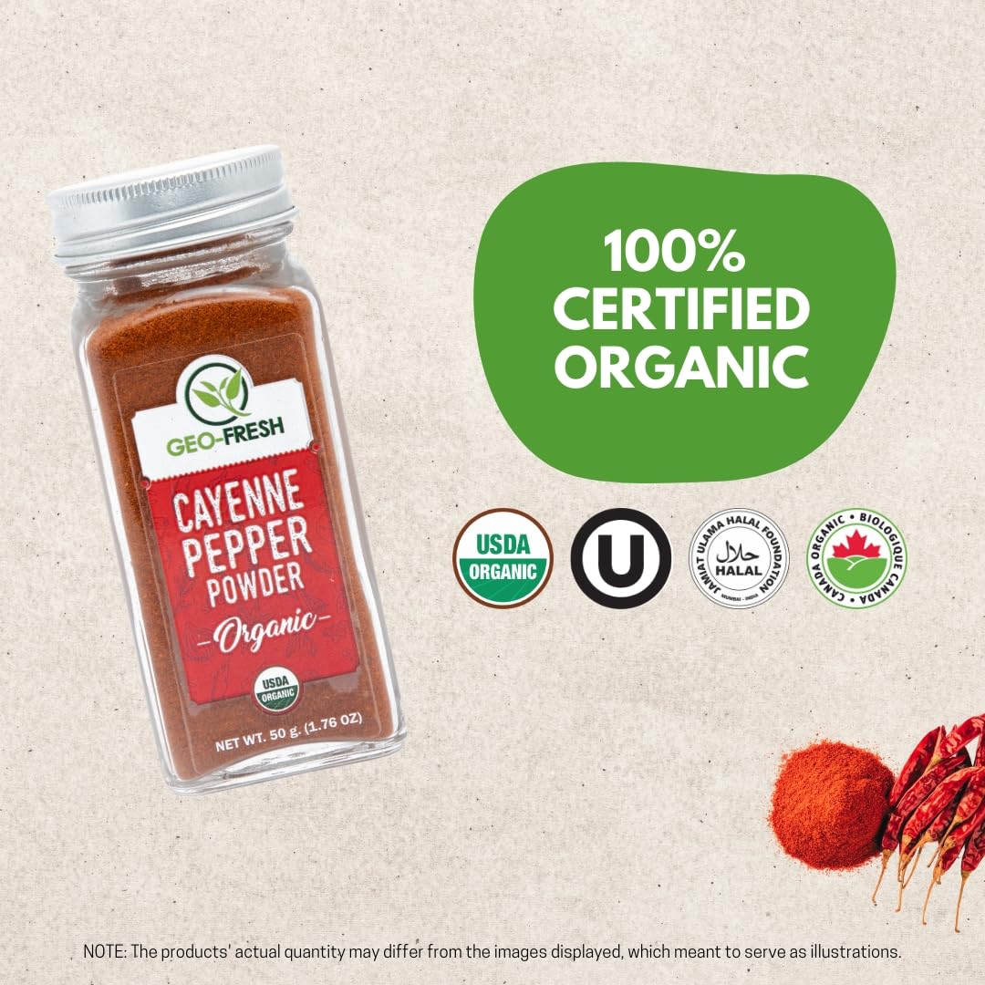 Geo-Fresh Cayenne Pepper Powder packaging emphasizing versatility in cooking.
